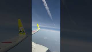 飛行中 飛行機の窓から真上に飛行機雲を見る