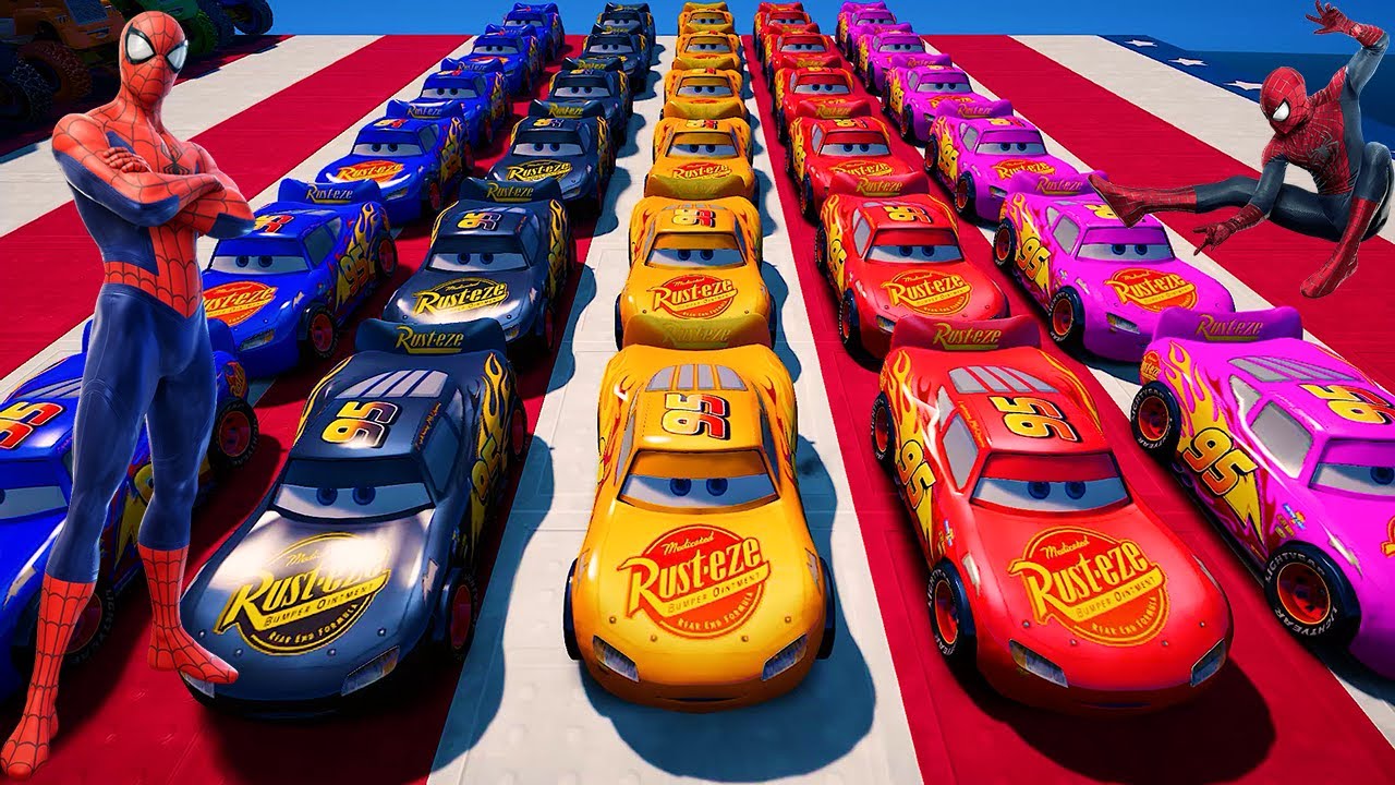 GTA 5 SPIDERMAN Cars Challenge Disney Cars Pixar Lightning and Monster McQueen Tow Mater and Friends