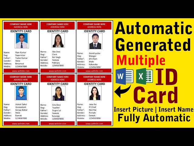 Automatic Id Card Creation in Ms Word help in Ms Excel | Auto Photo | Auto Name | Fully Automatic | class=