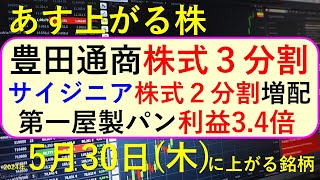 あす上がる株　2024年５月３０日（木）に上がる銘柄　豊田通商が株式分割。三菱重工、三菱電機が急落、第一屋製パンが大増益。サイジニアが株式分割～最新の日本株での株式投資。高配当株やデイトレ情報も～