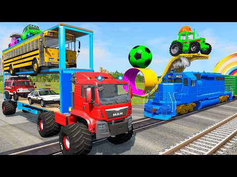 Triple Flatbed Trailer McQueen Transportation with Truck - Speedbumps vs Cars vs Train - BeamNG