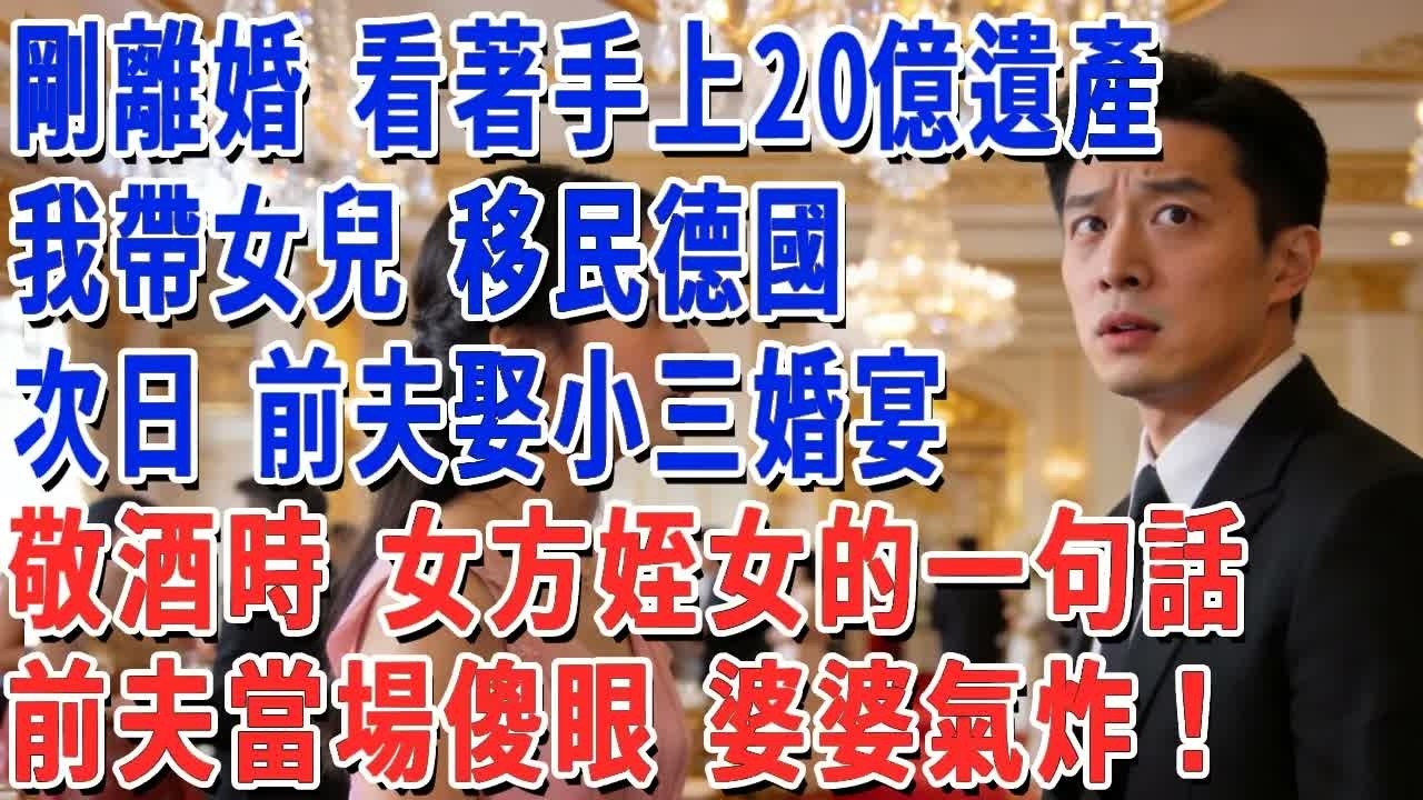 剛離婚 看著手上20億遺產，我帶女兒 移民德國，次日 前夫娶小三婚宴，敬酒時 女方姪女的一句話，前夫當場傻眼 婆婆氣炸！#妮妮故事會 #情感故事 #老年生活