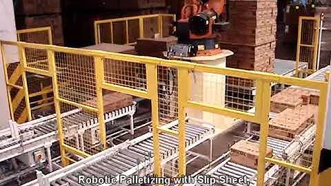 Robotic Palletizing with Slip Sheet, Multiple Infeed and Outfeed Conveyors