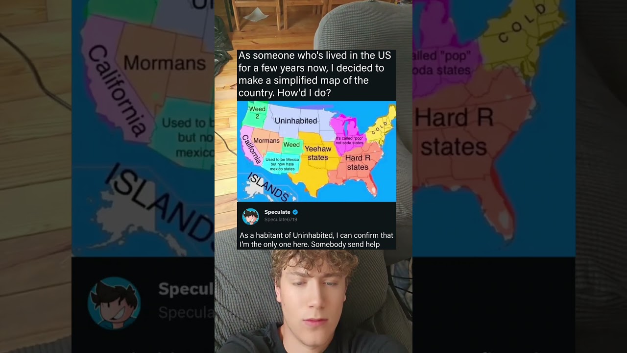 Человек создал упрощенную и юмористическую карту Соединенных Штатов.