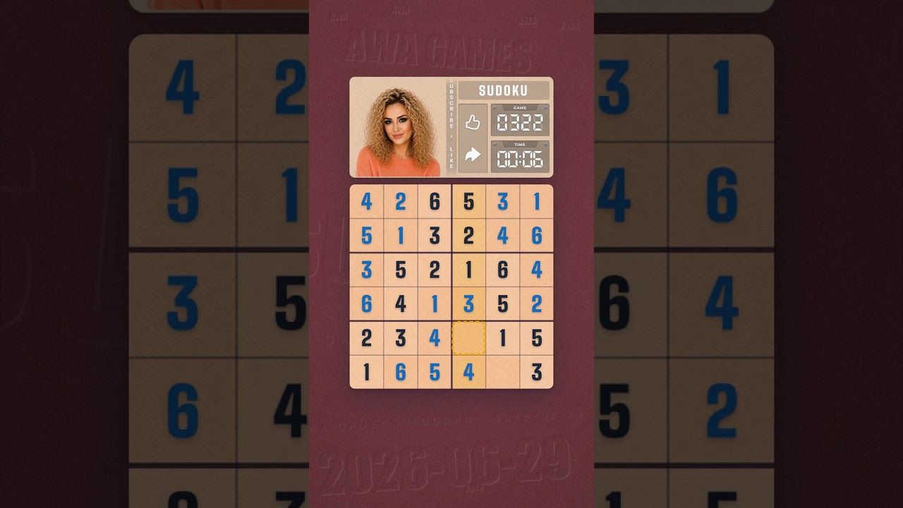 LinkedIn Mini Sudoku #322 solved board for June 29, 2026, 6x6 grid