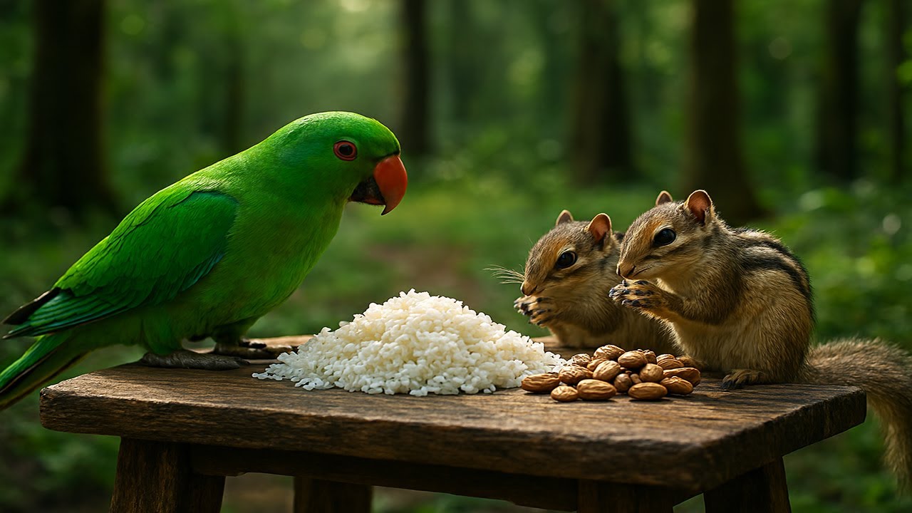 Parrot and Squirrels Sharing a Forest Feast