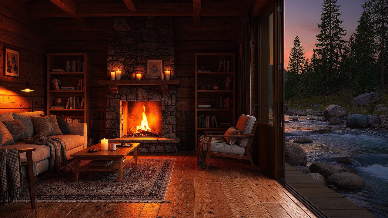 Cozy Riverside Cabin Fireplace 🔥 Relaxing River Sounds & Sunset Ambience