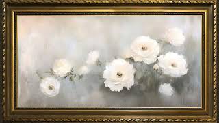 Misty White Roses, Vintage Impressionist Oil Painting | Gold Framed Art Screensaver for TV screenshot 3