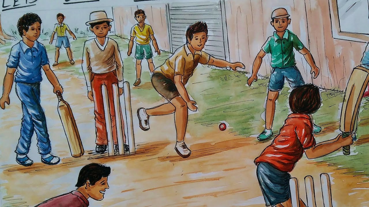 Children Playing Drawing Cricket Drawing Memory Drawing Youtube