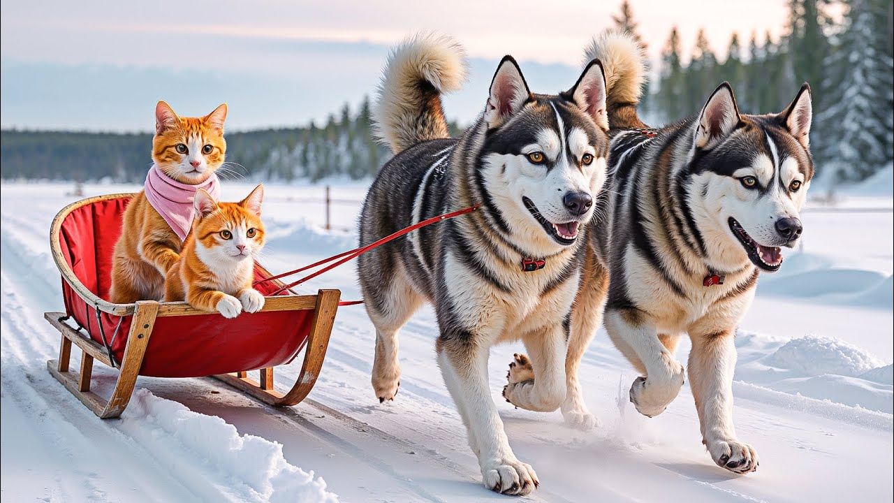Mama Cat and Kitten Ride a Dog Sled in the Mountains Cozy Snow ...
