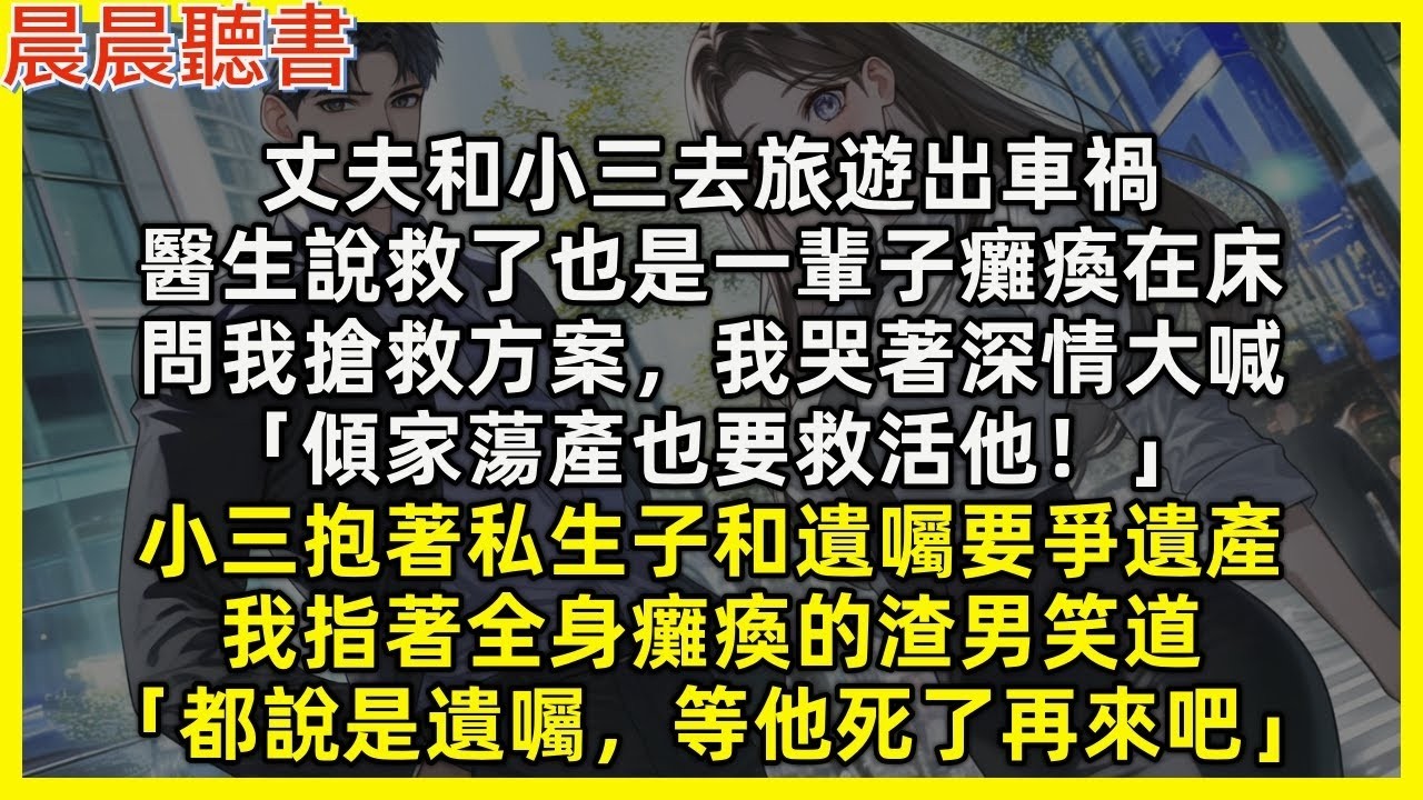【完結爽文】丈夫和小三旅遊出車禍，醫生說救了也是一輩子癱瘓在床，問我搶救方案，我哭著深情大喊「傾家蕩產也要救活他！」小三抱著私生子和遺囑要爭遺產，我指著全身癱瘓的渣男笑道「都說是遺囑，等他死了