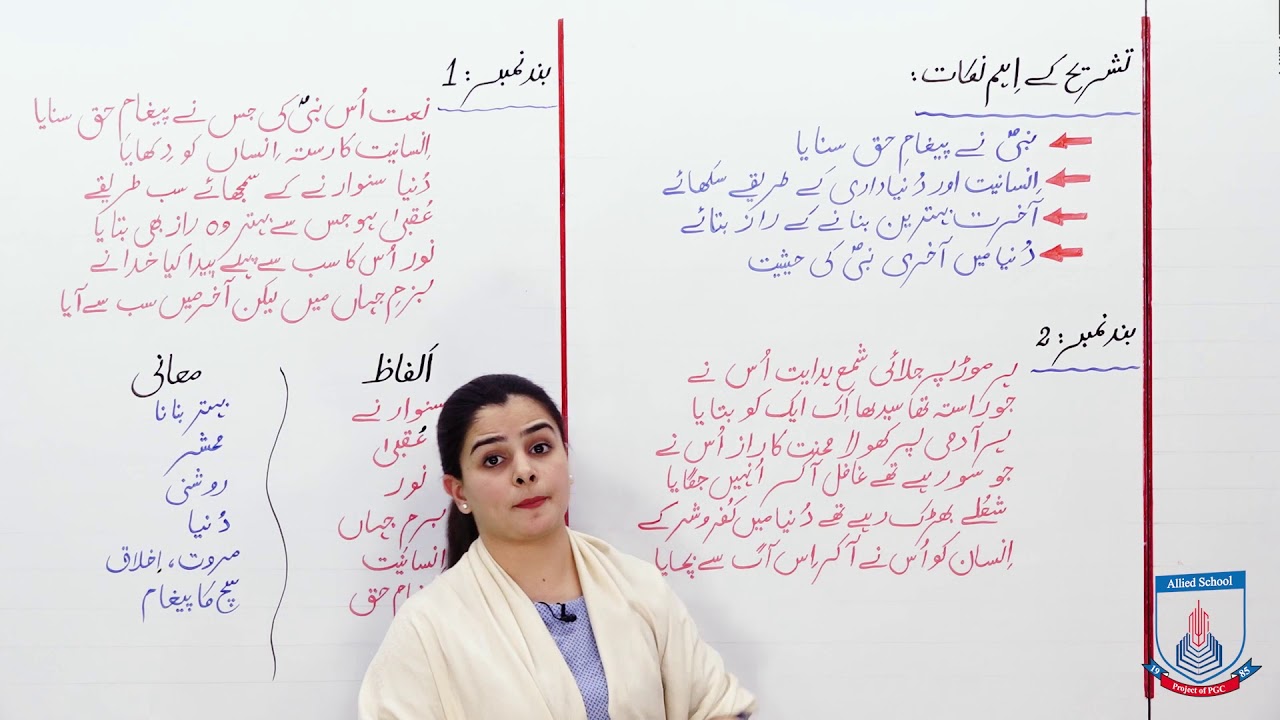 Class 7 - Urdu - Lecture 20 - Naat - Alfaz Maani tashreh - Allied Schools