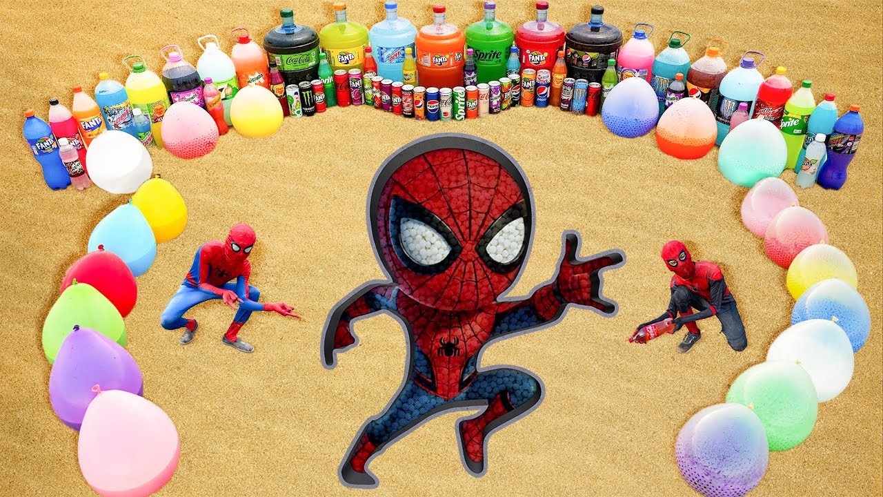 How to make Spiderman with Orbeez, Giant Balloons 7up, Fanta, Mtn Dew, Coca Cola vs Mentos