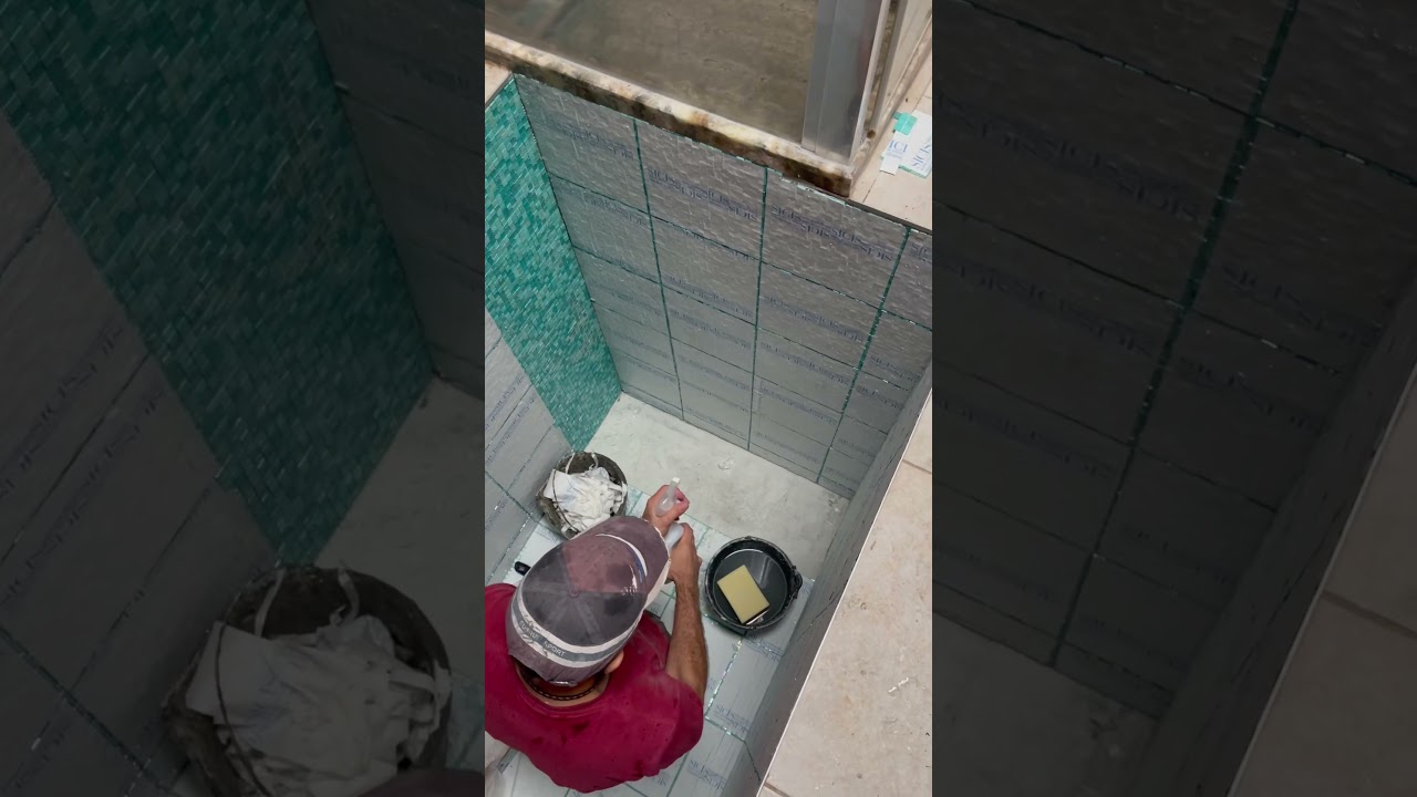 The Sicis mosaic is glued in the cold pool near the sauna. Now it is necessary to remove the paper