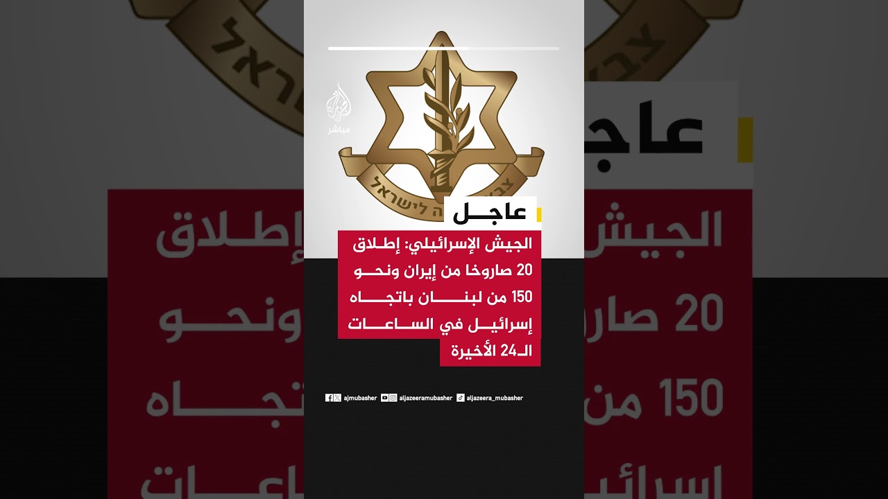 الجيش الإسرائيلي:إطلاق 20 صاروخا من إيران ونحو 150 من #لبنان باتجاه إسرائيل في الساعات الـ24 الأخيرة