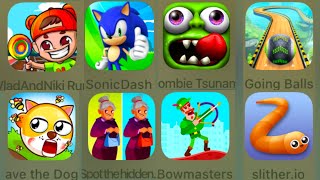 Vlad and Niki Run,Sonic Dash,Zombie Tsunami,Going Balls,Save the Doge,Bow Masters,Slither.io,Spot th