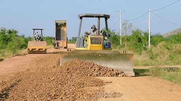 Provincial Connecting Road, Red Gravel Pushing Technique Using Komatsu Bulldozer D41PX & Road Roller