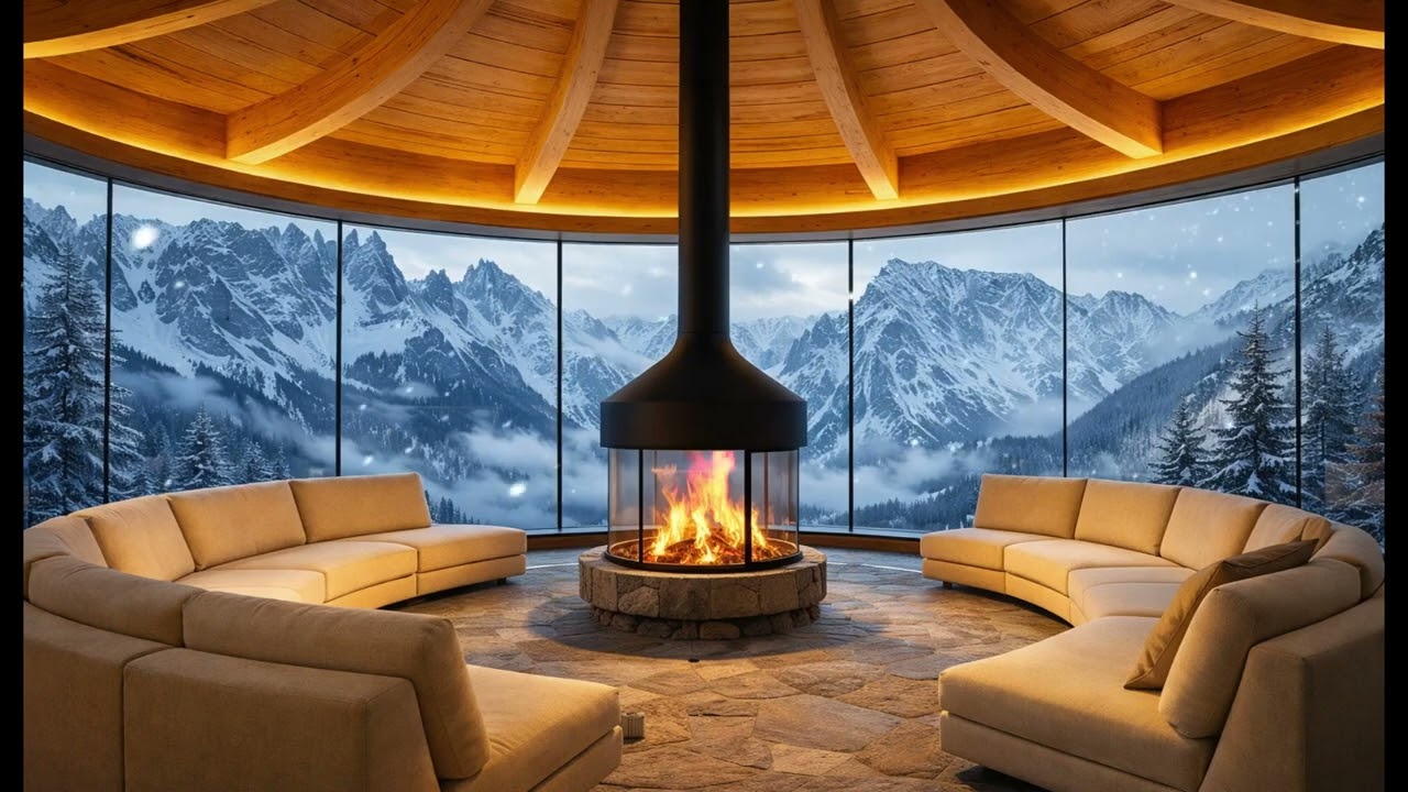 Luxury Winter Cabin 🔥 Warm Fireplace with Snowy Peaks Outside