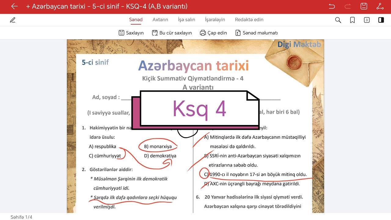 5 ci sinif Azərbaycan tarixi kiçik summativ 4. #ksq4 #tarixtest #5cisinif 