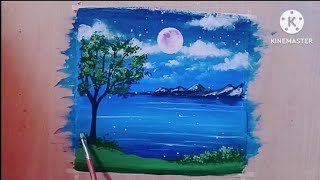 Aryclic Purple Full  Moon and Peaceful Lake Painting ll For Bignners  Step By Step