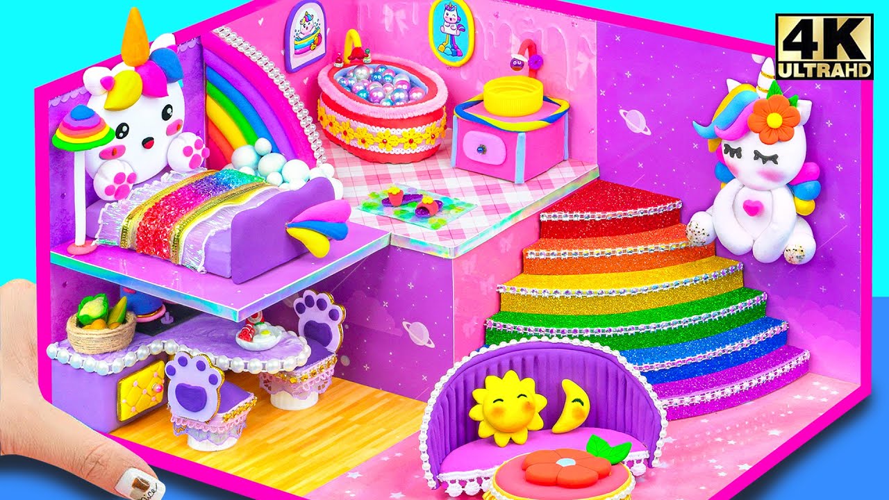 Make Beautiful Purple Unicorn Dollhouse with Cute Bedroom and Rainbow Stair ❤️ DIY Miniature House