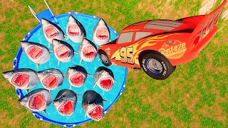 Lightning Mcqueen Diving into Swimming Pool with Hungry Sharks - BeamNG.drive