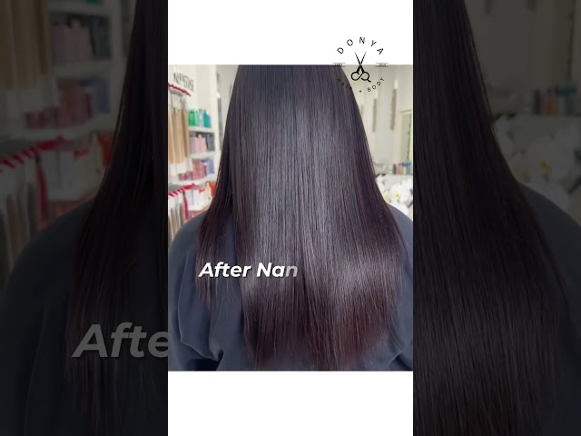 Glossy dark straight hair after nanoplastia, Donya Hair + Body, Richmond Hill