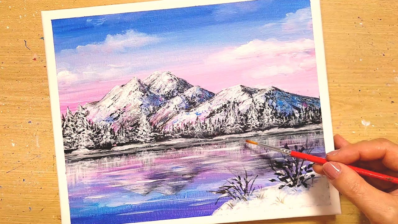 How to draw [Landscape of snowy mountains and lake] with acrylic