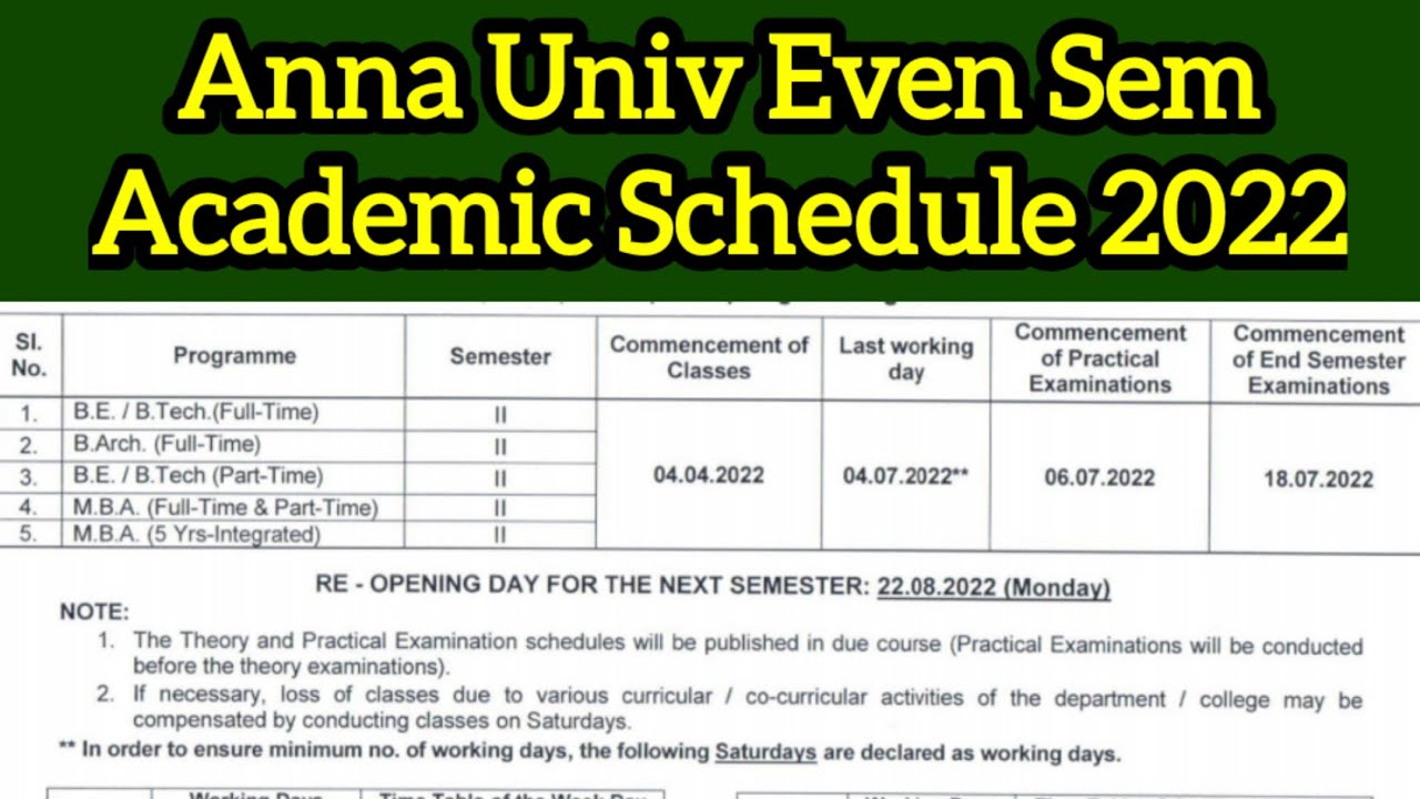 Anna university even semester ug & pg academic schedule 2022👍 - YouTube