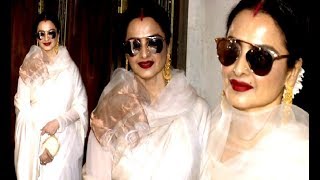 Rekha Look Beautiful In White Kanjeevaram Saree At Sridevi Birthday Party 2017