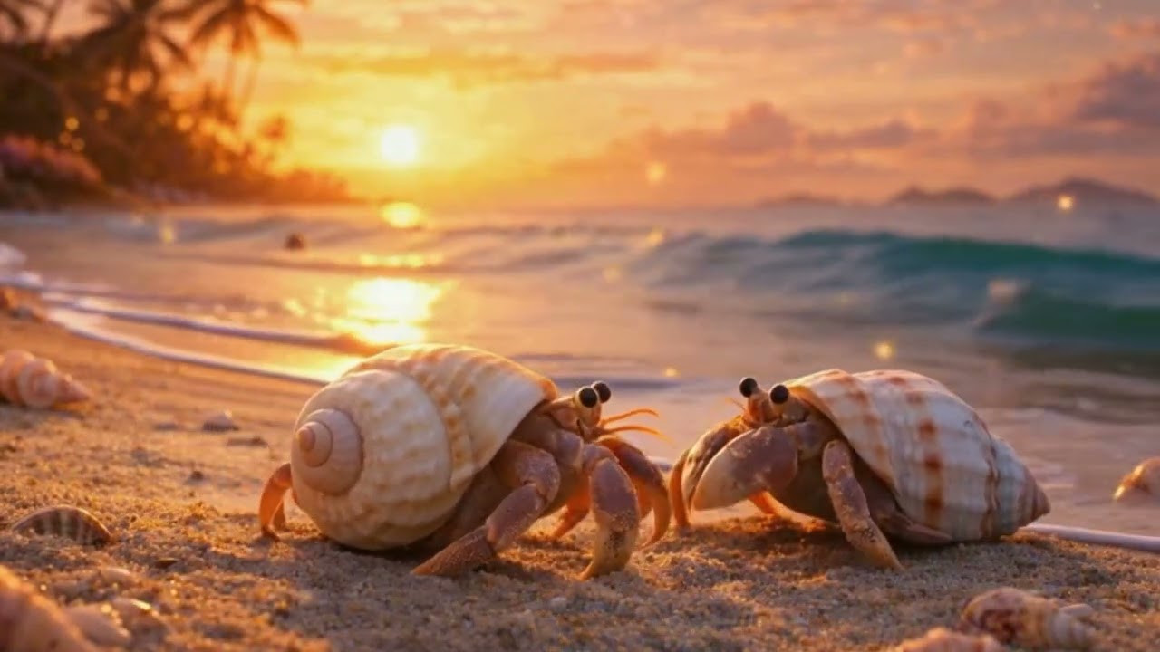 Golden Beach Hermit Crabs 🐚 | 1 Hour Ocean Sunset Relaxation