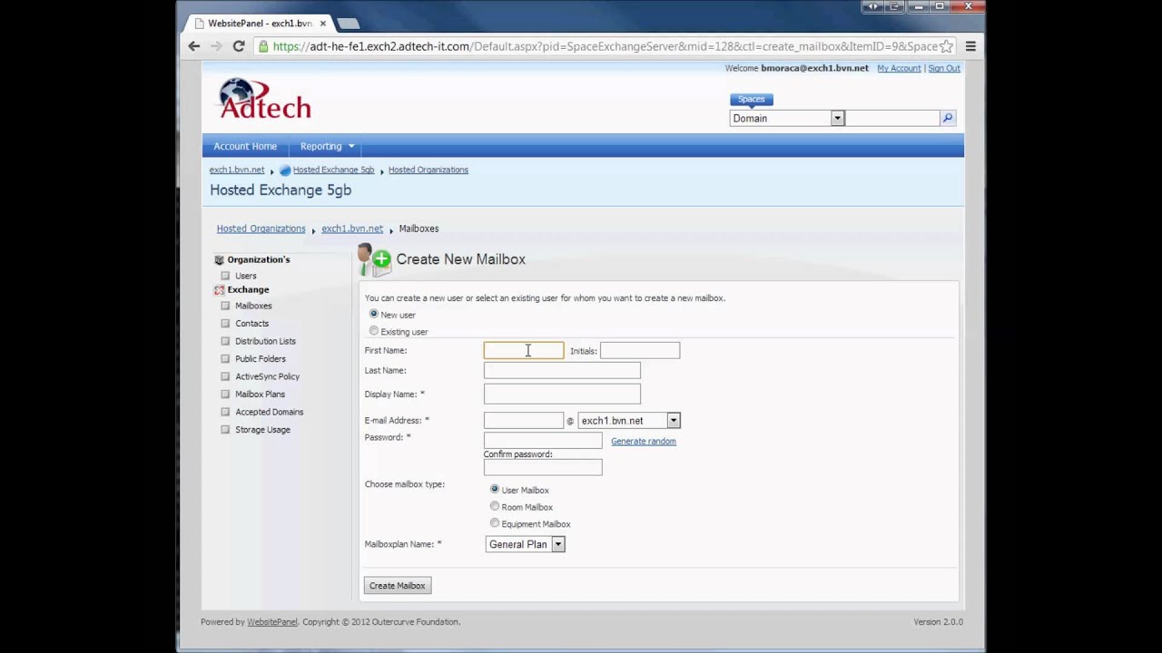 Adtech Hosted Exchange Control Panel - Add Mailbox