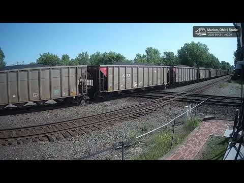 CSX 3157 and 7334 lead a GALX loaded coal train west past our Marion, Ohio AC Tower cameras! 🚂