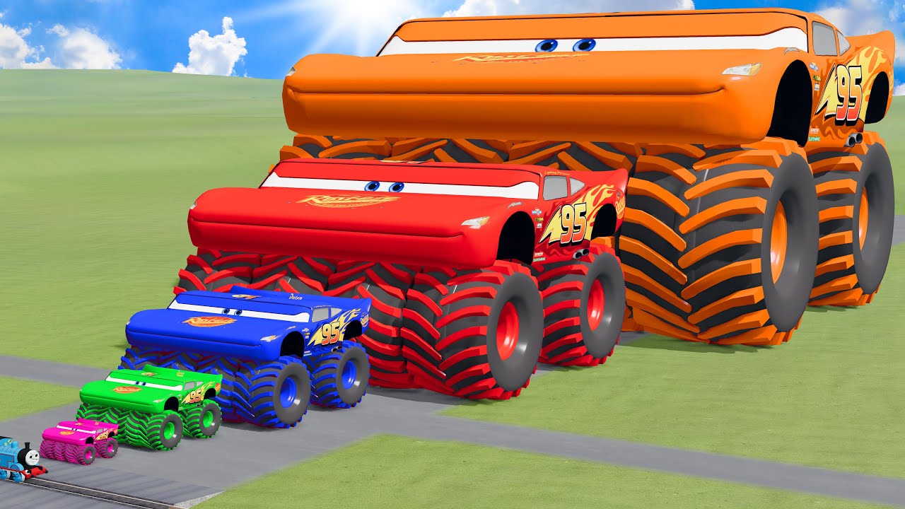 Big & Small Wide Lightning Mcqueen Monster Truck Red vs Blue vs Yellow vs Purple | BeamNG.Drive