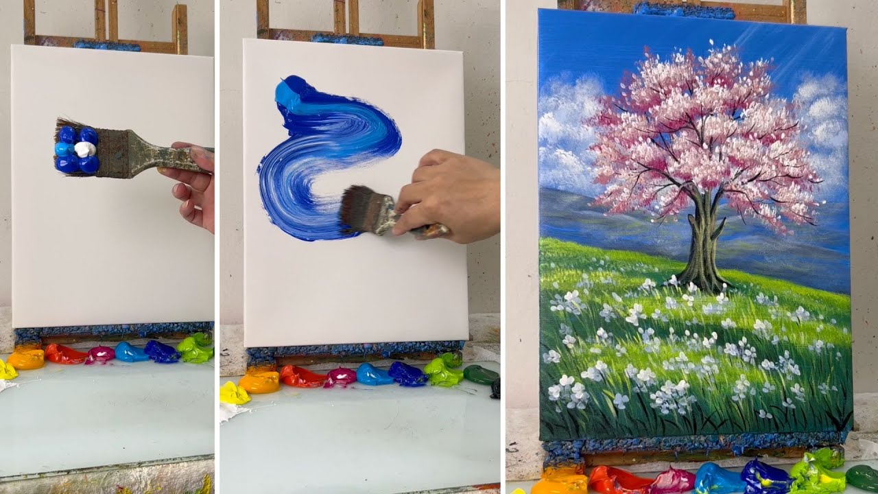 Beautiful Spring Cherry Blossom Tree | STEP by STEP Acrylic Painting for Beginners