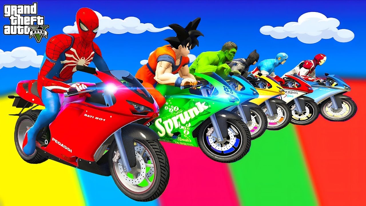 الأبطال الخارقين على القضبان دوامة قمع جسر 🏍️🐱‍SPIDER MAN!on Motorcycle in Spiral Bridge Stunt Rid