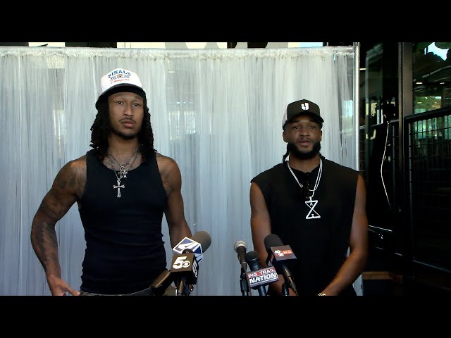 Jaylin Williams and Isaiah Joe speak to media at Fort Smith parade