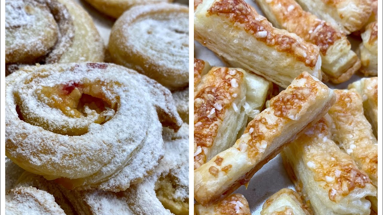 Pečení z listového těsta (tyčinky se sýrem a sladcí šneci)