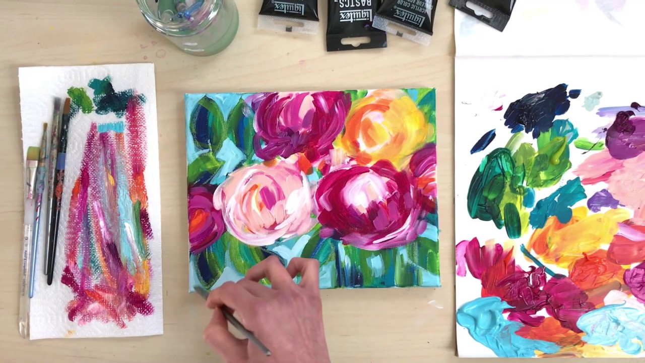 How to Paint Loose Abstract Flowers with Acrylic Paint on Canvas Tutorial  (time lapse)