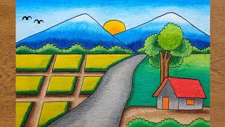 Cara Menggambar Pemandangan Gunung Dan Sawah Yang Mudah  How To Draw Easy Rice Field Scenery
