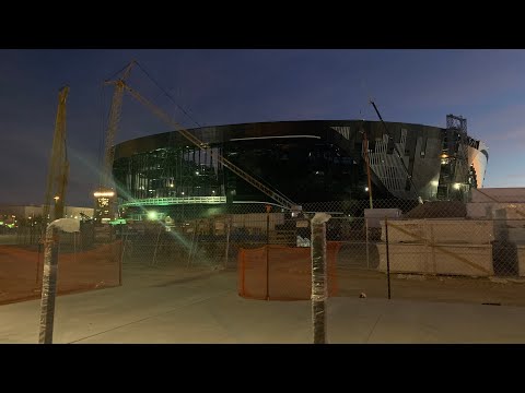 Las Vegas Allegiant Stadium Construction Update Shows Workers Working At Night