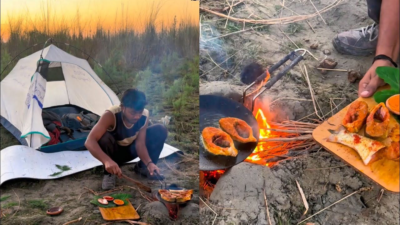 Catch and cook fish fries 🐟| Riverside camp & cook only nature sounds 