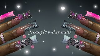 Freestyle Valentine’s Day Nails!❤️‍🔥✨| extra blinged-out duck nails + Valentine’s Day chit-chat💕