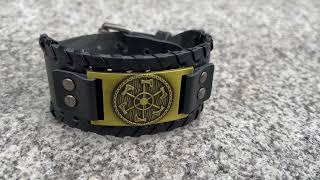 leather viking shield axe pattern leather arm cuff with stainless steel plate viking jewelry