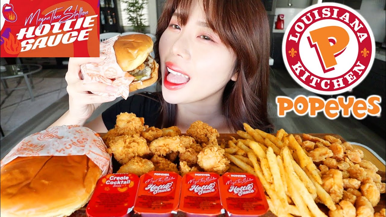 Popeyes NEW Megan Thee Stallion Hottie Sauce Mukbang 먹방 Chicken Sandwich, Chicken Nuggets, Shrimp