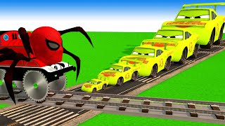 【踏切アニメ】あぶない電車 Pixar Cars VS Iron Man the Tank Engine Train   BeamNG Railroad Crossing Animation #123