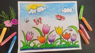 How To Draw Flower Garden Scenery ll Flower Garden Drawing ll Flower Garden Drawing With Butterfly