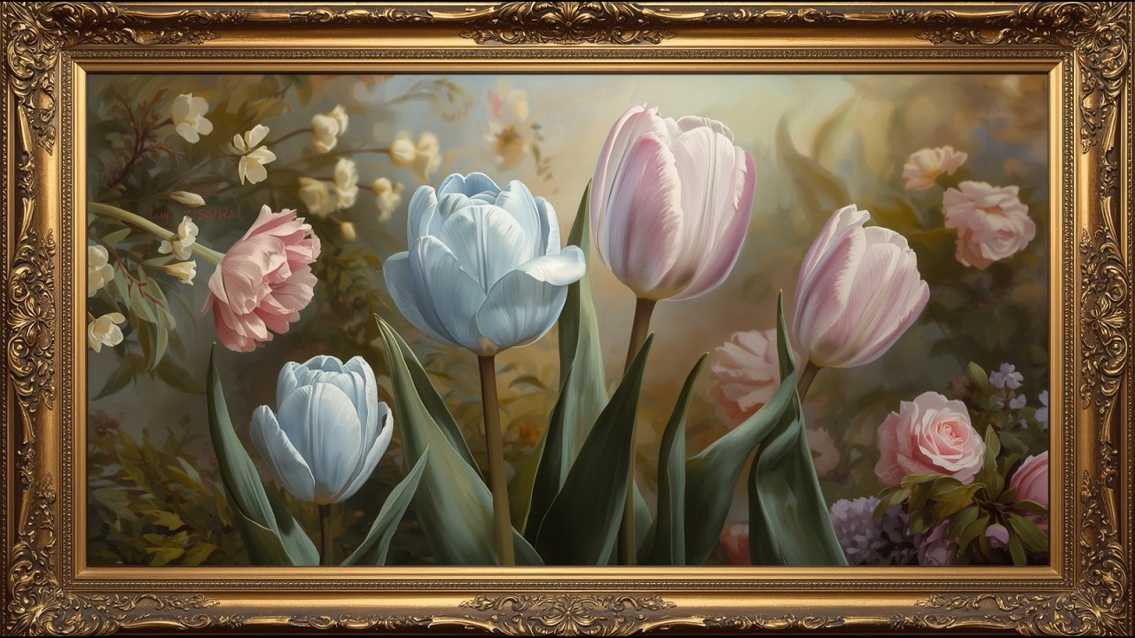 Vintage Pastel Blue and Pink Tulips | Elegant Gold Frame | Timeless Floral Art | TV Screensaver 4K