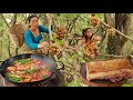 Mother with daughter pick langsat fruit in forest- Cooking pork belly braised hot spicy for dinner