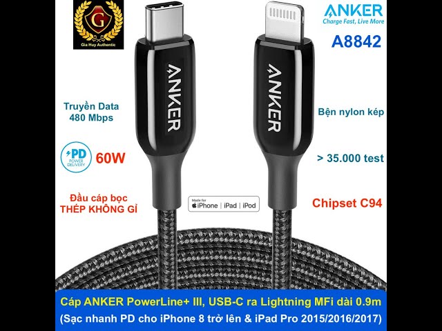 Cáp bện nylon ANKER PowerLine+ III, USB-C ra Lightning PD 60W chuẩn MFi dài 0.9m - A8842